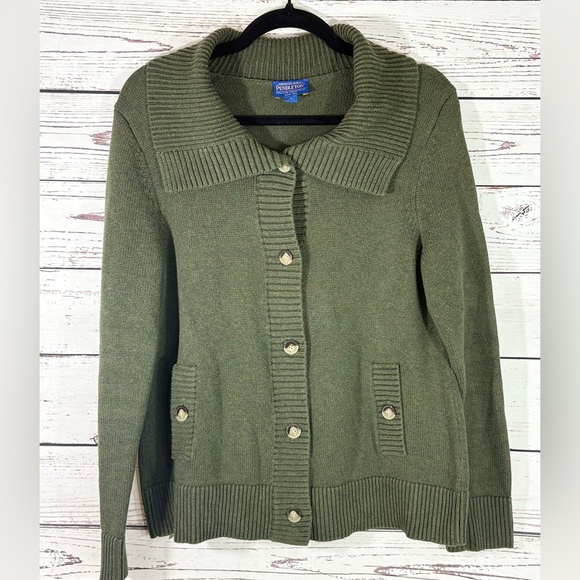 Pendleton Sweaters - Pendleton Olive Shawl-Collar Ribbed Vintage Granny Cardigan in Size Large Petite
